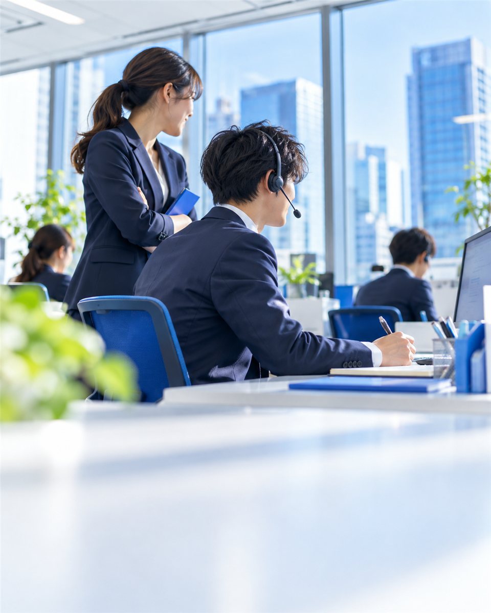 電話営業をする若手と見守る先輩