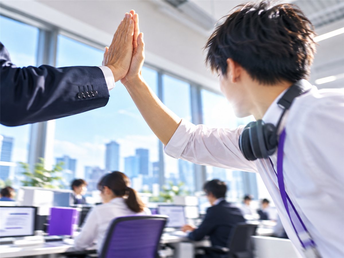 先輩とハイタッチする新人営業の手元