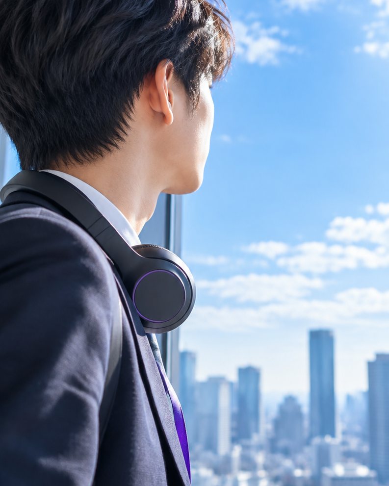 青空を背に遠くを見つめる新人営業