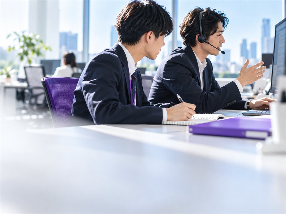 先輩の通話を聞きながらメモする新人