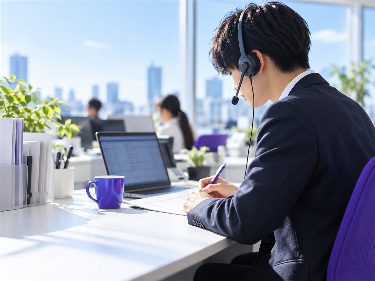 ヘッドセットで電話をかける新人