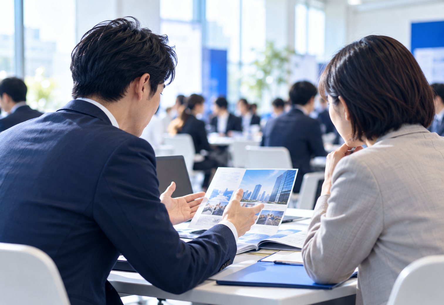 企業の担当者と高校の先生が話す様子